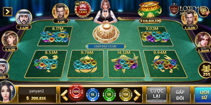 (Ảnh 1 - Giao diện bàn bầu cua 1 phút trên Loto188 với 6 ô cược và đồng hồ đếm ngược 60 giây)